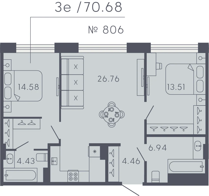 Планировка 2-комнатная 70,7 м² в апарт-отеле «17/33» — 17/33 на Петровском острове