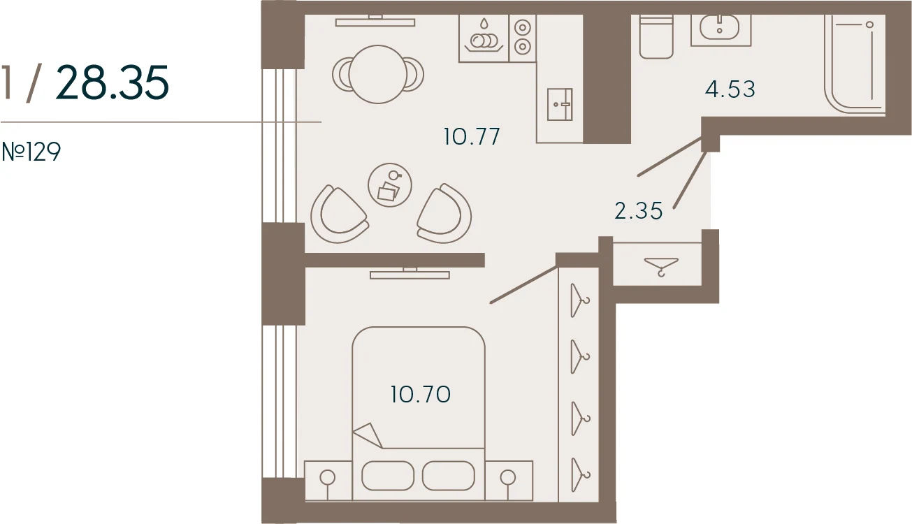 Планировка 1-комнатная 28,4 м² в апарт-отеле «17/33» — 17/33 на Петровском острове
