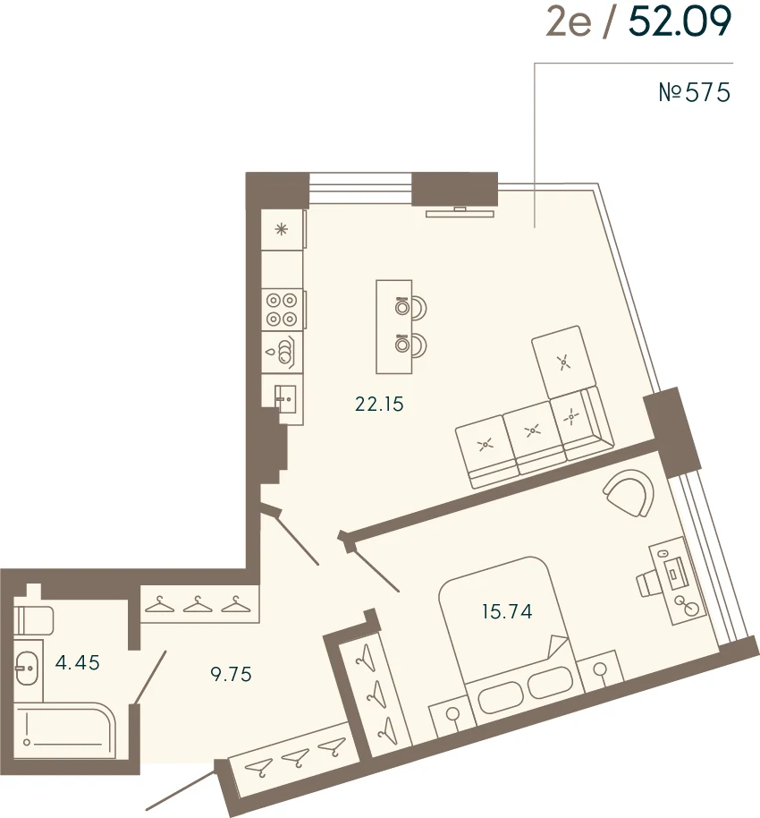 Планировка 1-комнатная 52,1 м² в апарт-отеле «17/33» — 17/33 на Петровском острове